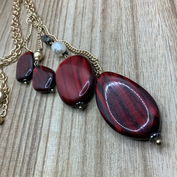 Chico's Red Beaded Gold Tone Y Chain Necklace - Picture 7 of 7